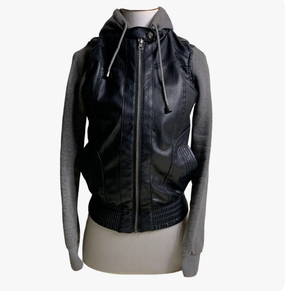 Womens Vegan Faux Leather Jacket Small Miss London Zip Up Hoodie Black/Gray